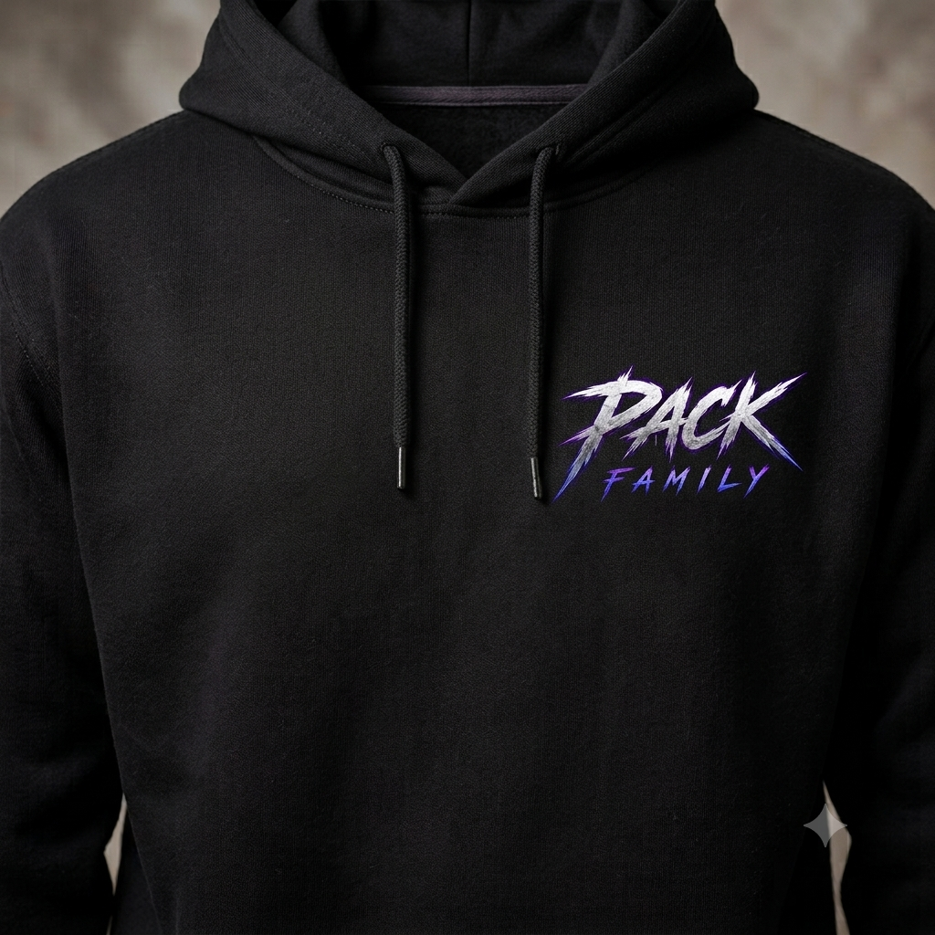 Front of the black Zayzaypack PackFamily hoodie with purple chest logo
